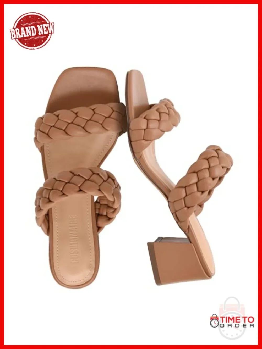 Braided Block Heel Sandals Vegan Leather Memory Foam Slip On Heels